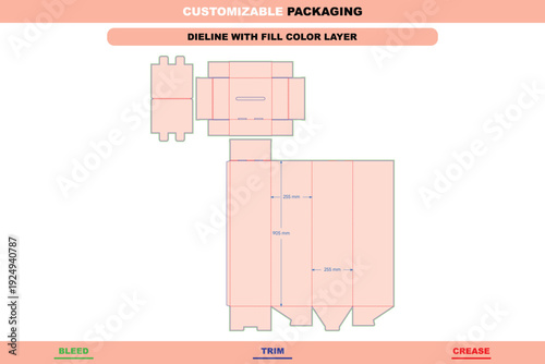 Box with lid and customizable bottom cover buckles folding carton dieline template custom dimensions for secure packaging design including trendy packaging die line