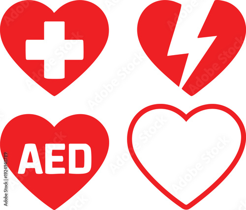 Symbols representing medical aid, defibrillation, and heart health concepts.