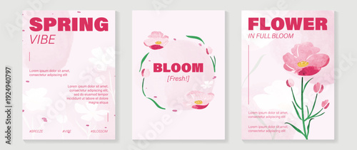 watercolor Spring Floral invitation card vector. Hand drawn botanical flowers template background. Design illustration for wedding, vip cover, poster, rsvp modern card, birthday party.