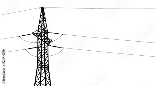 A tall electrical transmission tower with multiple power lines extending into the distance isolated on white background, Vector, illustration