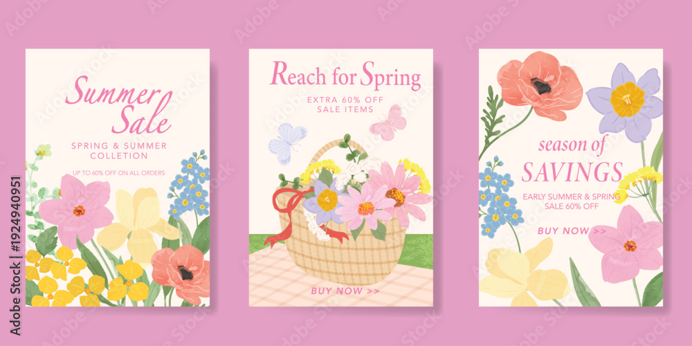 Fototapeta premium watercolor Spring Floral invitation card vector. Hand drawn botanical flowers template background. Design illustration for wedding, vip cover, poster, rsvp modern card, birthday party.