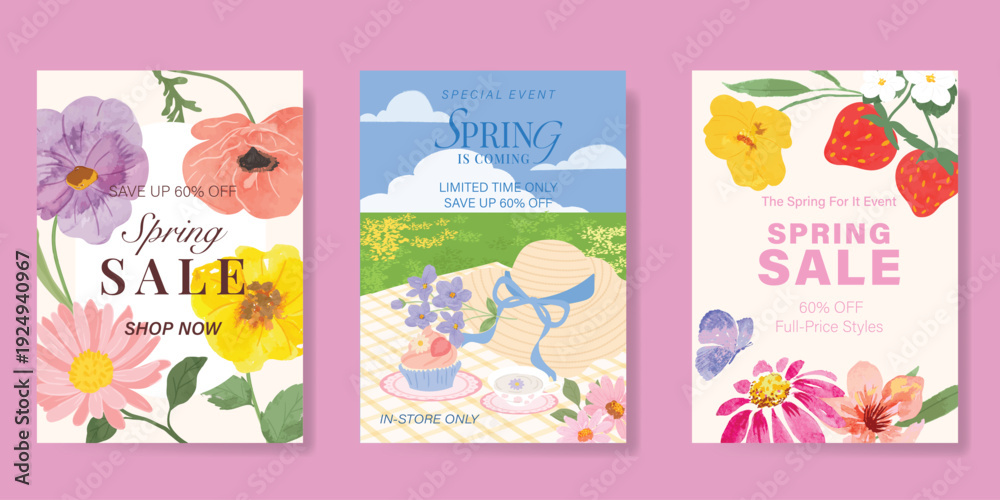 Fototapeta premium watercolor Spring Floral invitation card vector. Hand drawn botanical flowers template background. Design illustration for wedding, vip cover, poster, rsvp modern card, birthday party.