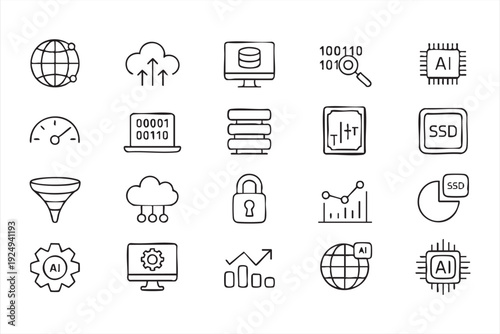 AI and cloud technology icon set for data analytics and digital platforms