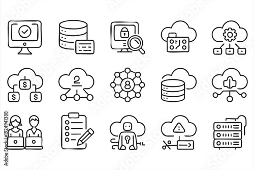 Cloud computing and data security icon set for SaaS dashboards and web apps
