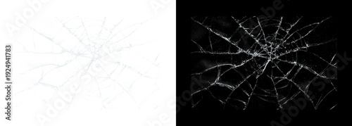Foto Cracked glass shattered window pane with fractured lines on white and black back