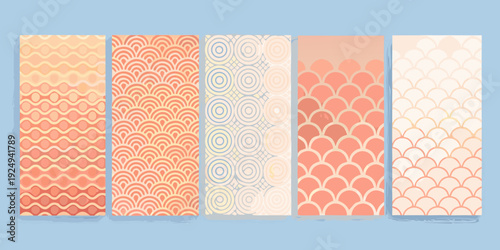 A series of five vertically oriented patterned panels in shades of orange