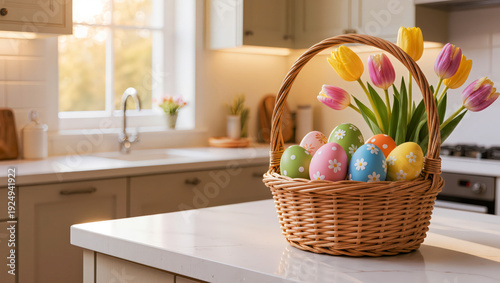 A wicker basket filled with colorful Easter eggs and fresh tulips sits on a bright kitchen counter.