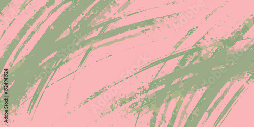 Abstract brushstrokes in pastel green and dusty rose hues create a textured background