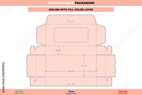 Flip top cookies packaging box customizable dieline template folding carton with custom dimensions window design and trendy detailed packaging structure die line