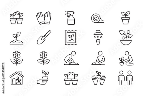 Plant growing and garden tools icons for landscaping and urban farming apps