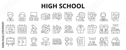 30 High School Line Icons Vector - Student, Teacher, Classroom, Homework, Exam, Subject, Curriculum