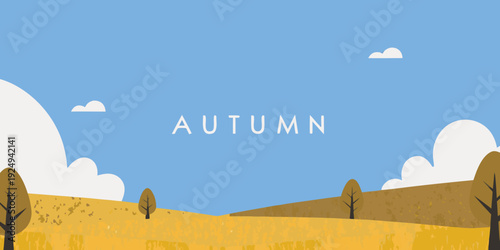 Simple autumn landscape with text and stylized clouds against a blue sky