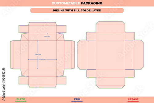 Four folds box with customizable lid dieline packaging design custom dimensions structural packaging template trendy accurate die line folding cartons retail boxes