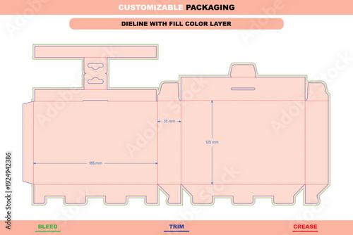 Hanging food box folding carton dieline template with tuck end customizable design die line layout hanging packs printable vector premium product packaging mockup
