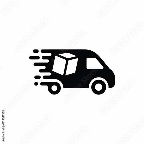 Delivery van transporting a package with speed lines indicating fast shipment isolated on white background, Vector, illustration