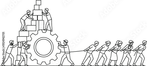 Industrial era workers operating machinery with manual labor assistance