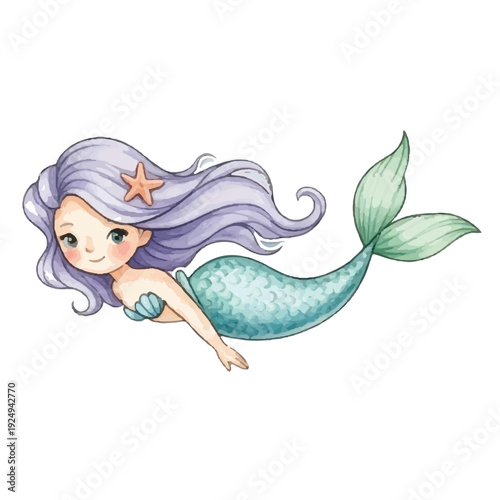 Blonde mermaid cartoon princess in a blue dress with a flower illustration