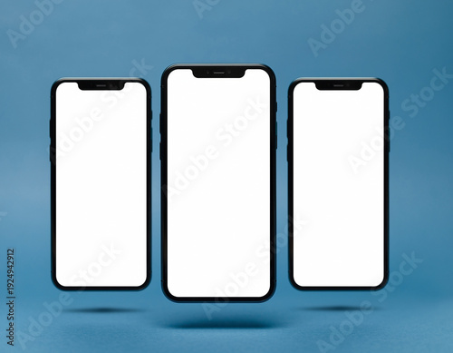 Three Vertical Smartphones Floating in Row with White Screens App UI Mockup and Digital Presentation Concept