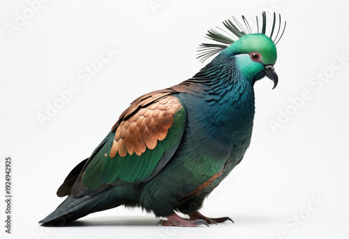 Nicobar Pigeon, large heavy-set pigeon, ground-dwelling, white background