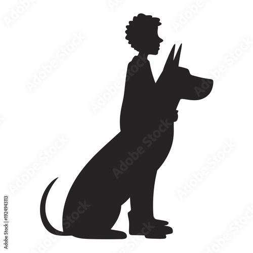 A silhouette of a person petting a sitting dog with a thoughtful pose isolated on white background, Vector, illustration