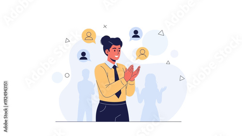 Woman Applauding with Speech Bubbles, Celebrating Success and Teamwork