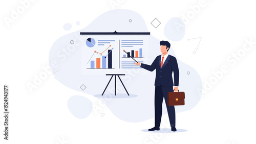 Businessman presenting financial report with charts on whiteboard