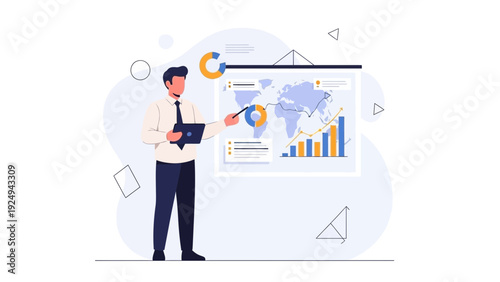 Businessman presenting global business analytics on a world map chart