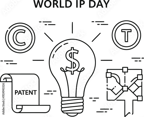 Illustration celebrating world ip day with lightbulb and patent icons