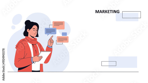 Woman pointing at marketing strategy messages, business communication concept