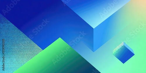 Geometric abstraction with vibrant blues, greens, and gradients creating a modern, textured composition