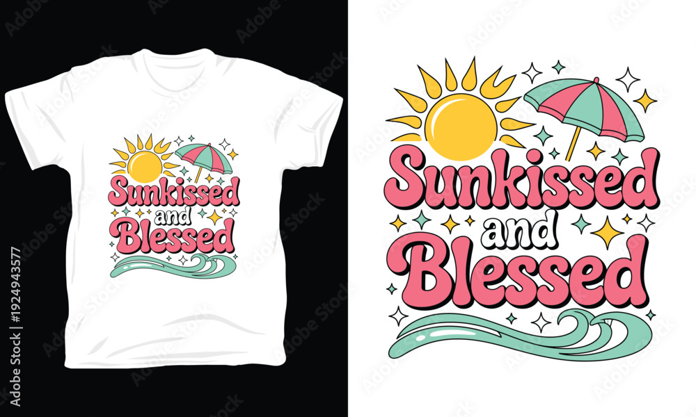 Obraz premium Sunkissed and blessed vector illustration with beach umbrella and sun for summer tshirt art