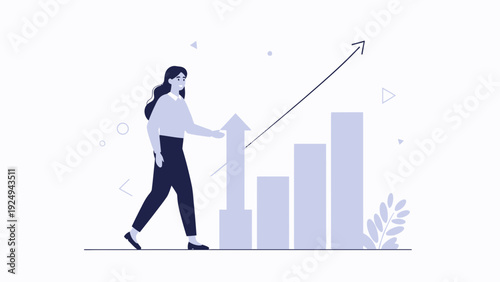 Woman walking up growth chart, business success, financial progress, career advancement