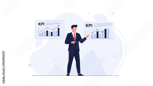 Businessman presenting KPI performance charts and graphs on screens