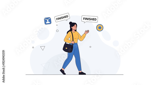 Woman walking, task completed, finished project, productive day, workflow success