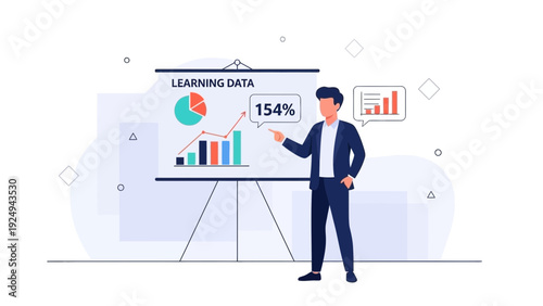Businessman presenting learning data on a whiteboard with charts and graphs
