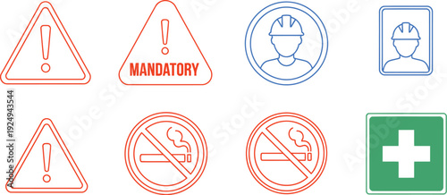 Assorted warning, prohibition, and safety symbols in a single graphic layout
