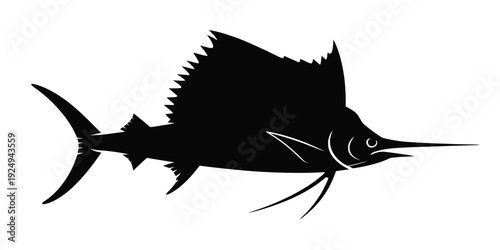 Graceful silhouette of a marlin fish swimming through the ocean depths isolated on white background, Vector, illustration