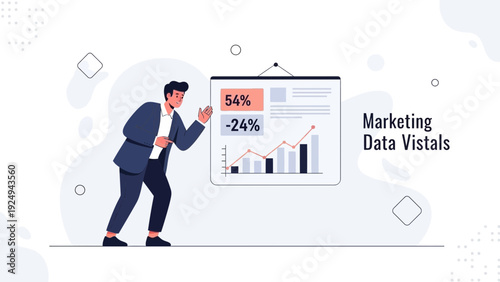 Businessman Presenting Marketing Data and Analytics on Whiteboard