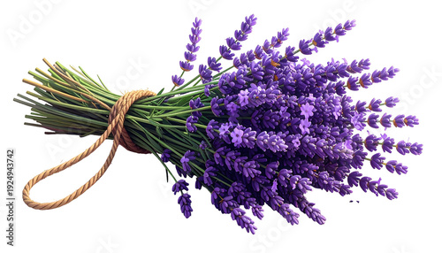 A bundle of fresh lavender tied with twine, isolated against a black background