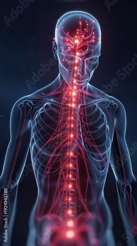 Human body with highlighted nervous system and glowing neural connections