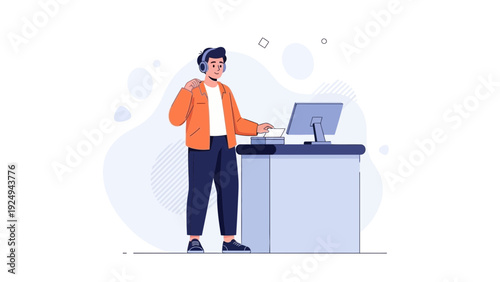 Young Man DJing with Headphones and Computer at Desk