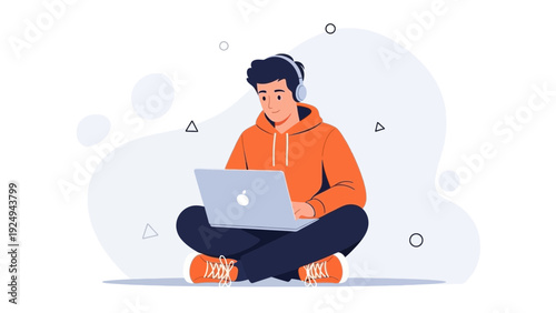 Young man in headphones using laptop, sitting cross-legged, modern flat illustration