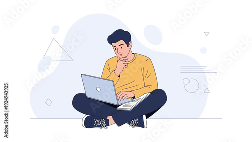 Young Man Thinking While Using Laptop Computer, Studying or Working Online