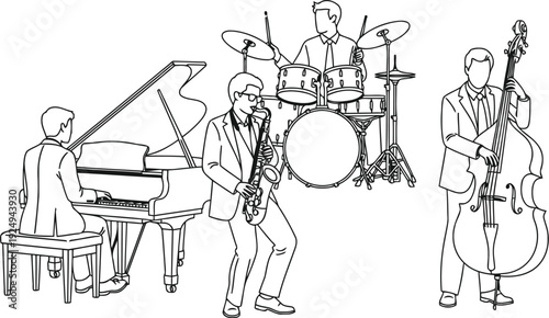 Vintage black and white illustration of a busy kitchen scene with appliances and utensils