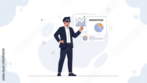 Businessman using VR headset interacting with financial data charts, innovation concept