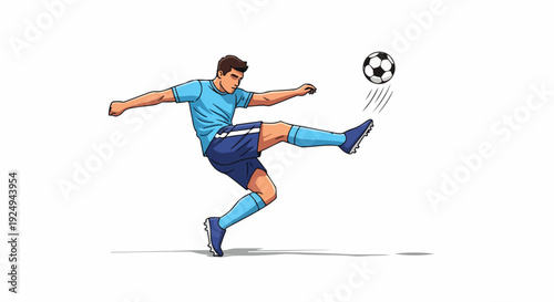 Illustration of a male soccer player kicking a ball with his right foot in mid-air, wearing a blue uniform with white accents against a plain white background with motion lines.