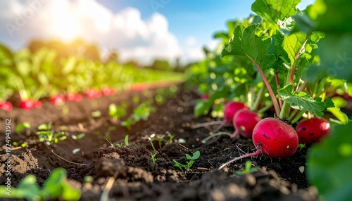 Fresh organic red radish plants with green leaves grow in the rich soil of a spring garden field, showcasing healthy agricultural growth and ripe vegetable seedlings on a small farm