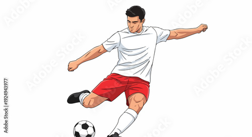 Illustration of a soccer player kicking a ball with his right foot in mid-action against a plain white background.