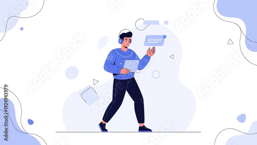 Young man with headphones using tablet, modern technology concept, flat illustration