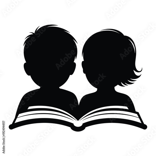 Two children engrossed in reading an open book together isolated on white background, Vector, illustration